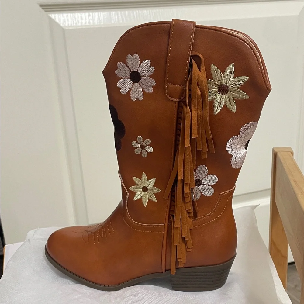 Kids Brown Floral Fringe Western Boots